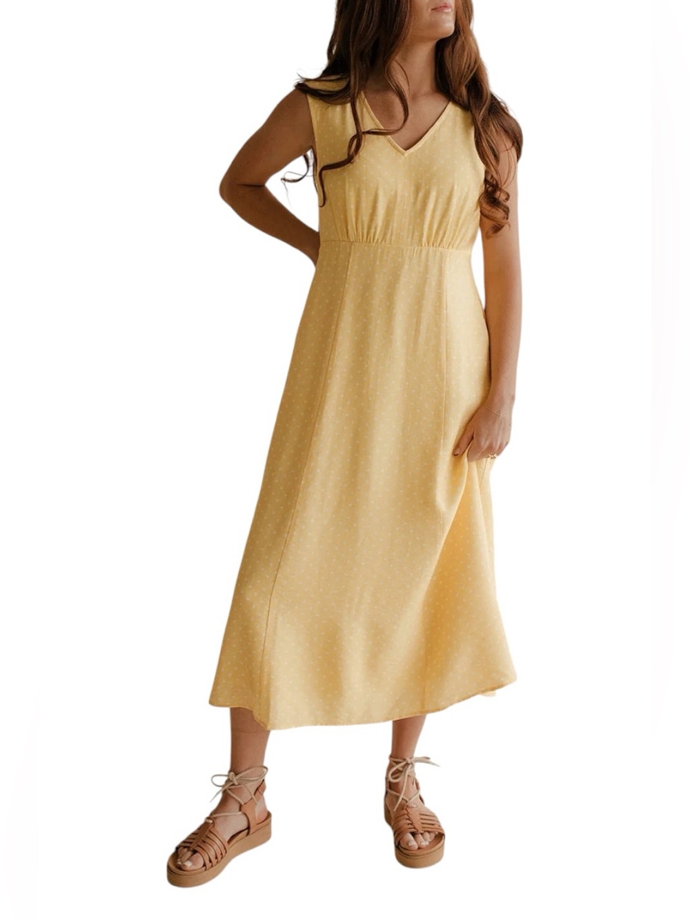 ROOLEE Honey Glow Dot Yellow Sleeveless Midi Dress Small